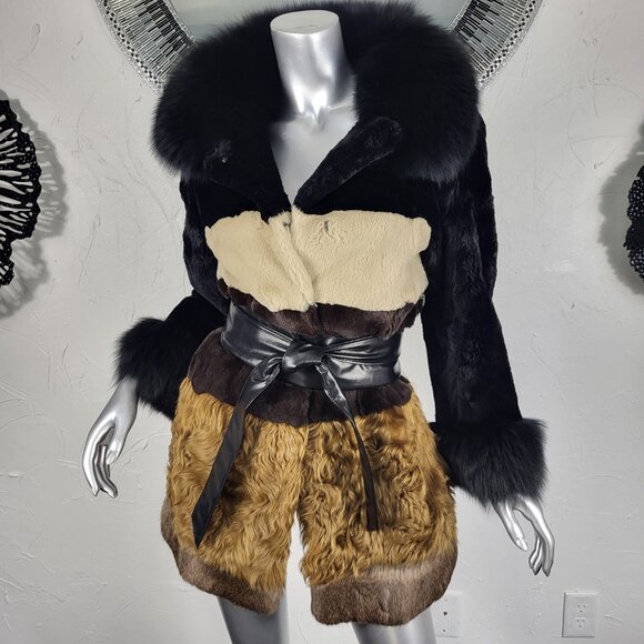 DIAGRAM~XS~BLACK ANIMAL PRINT GENUINE FOX FUR REAL CURLY LAMB MINK RABBIT COAT - Picture 9 of 16